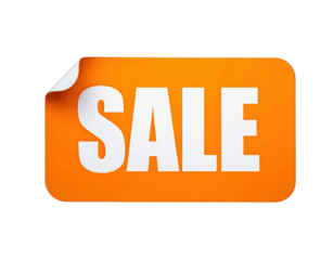 A vibrant orange rectangle with rounded corners, the word "SALE" displayed in white font