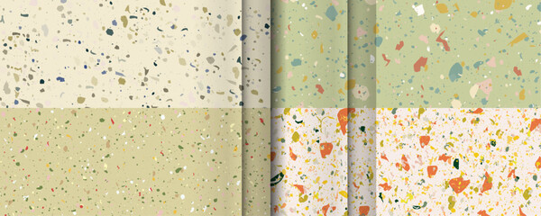 Set seamless terrazzo patterns. Pattern for ceramics marble natural stone. Vector stock illustration textured shapes in vibrant colors