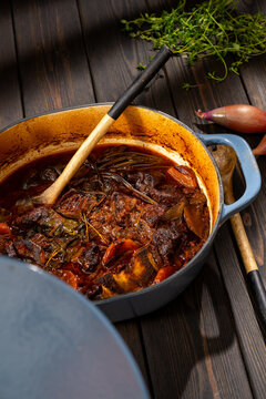 Traditional beef bourguignon with red wine sauce