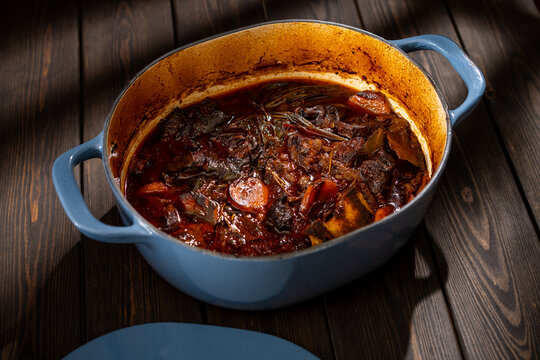 Classic beef bourguignon simmered in red wine sauce