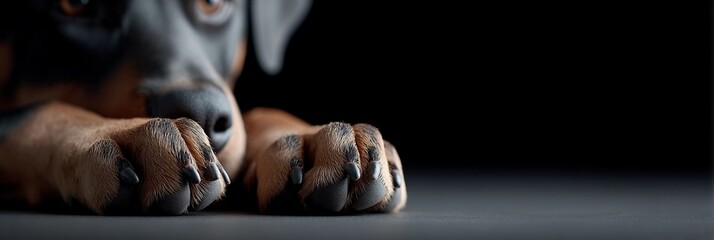 The dark dog lies with its paws stretched out to its face, sadness