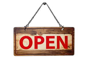 Wooden rectangular sign, "OPEN" in red letters, hanging from a metal chain on black background