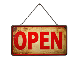 A weathered rectangular sign, "OPEN" in red, hangs from a metal chain, isolated on black