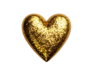 A golden, glittering heart shape isolated on a black background, conveying love and luxury