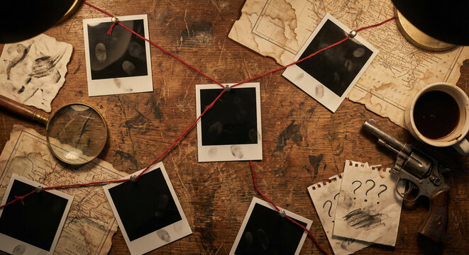 Detective Desk with Evidence Photos Red String and Revolver