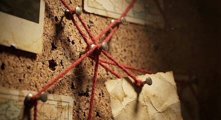 Red String Connecting Pins on Corkboard Investigation Concept