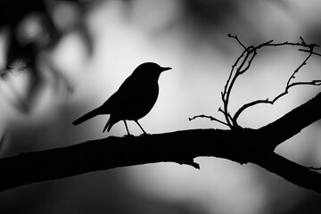 A black bird silhouette on a branch against a blurry, bright, and soft background