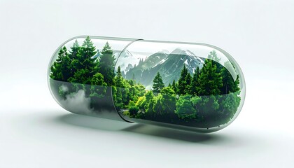 A transparent capsule reveals a miniature landscape, green forests and mountains inside