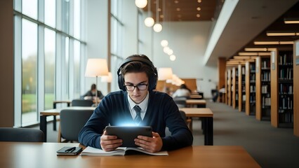 Young student wearing headphones and glasses using a tablet in a modern library setting.