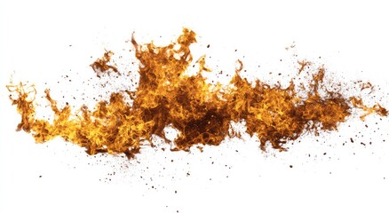 Intense burst of fire, flickering orange and yellow flames against white space
