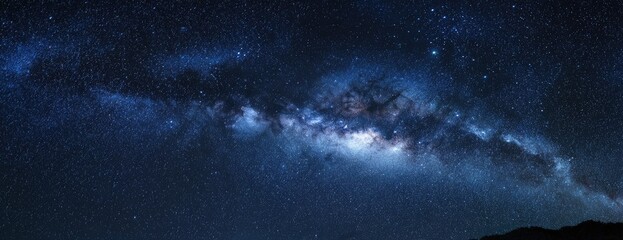 Panoramic view of the Milky Way stretching across a dark, starry sky