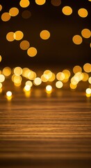 Festive holiday background with blurred bokeh lights, warm golden illumination, natural wood texture, and copy space for seasonal design ,snowy ,holiday ,needles