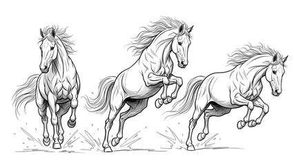 Collection of horse illustrations featuring various expressive faces and dynamic actions, all isolated on a white background for easy use in educational materials, equestrian branding