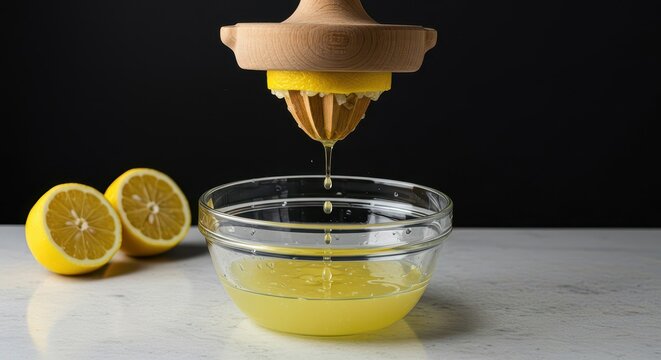 Freshly squeezed lemon juice dripping into a glass bowl from a manual wooden citrus reamer on a clean countertop, yellow, summer, produce