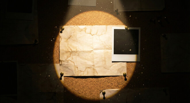 Spotlight Illuminating Blank Paper on Detective Corkboard