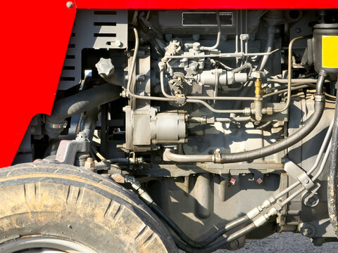 Detailed close up view of a tractor engine