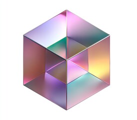 Iridescent geometric cube; abstract, translucent, and multifaceted design