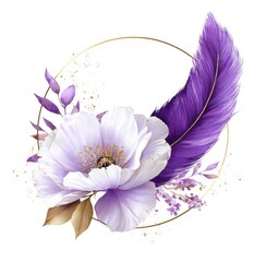 Floral watercolor design featuring a white & purple flower, a gold circle, & a purple feather