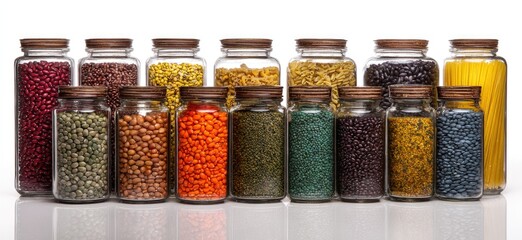 Jars of various dried foods, like pasta, beans and seeds, lined up against a white backdrop