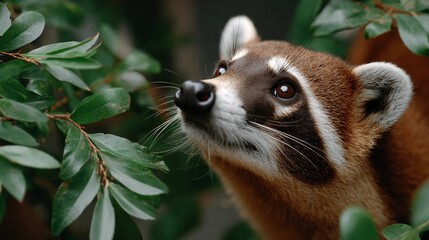 Naklejka premium A Coati-sniffing is peeking out from behind some green leaves