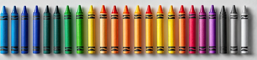 Row of upright, colorful, cylindrical wax crayons on a white background