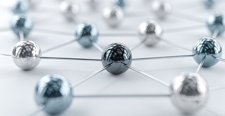 Network of silver spheres connected by lines, central sphere is darker