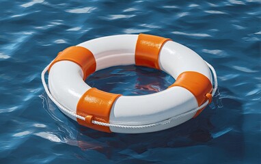 White life preserver with orange bands floating in blue water with reflections