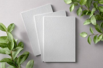 Three textured white cards framed by green foliage on a soft gray surface