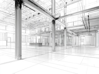 Airy architectural wireframe drawing of an interior space, columns, beams, light