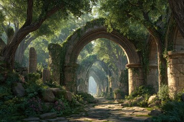 Obraz premium Ancient stone arches, overgrown with greenery, lead into a sunlit forest path