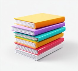 Stack of colorful books on a white surface, neatly arranged, soft shadows, bright colors