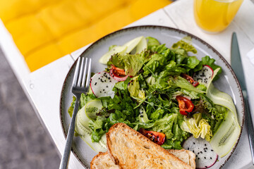 Fresh salad with radish and sourdough bread