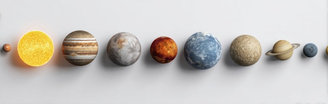 Row of simulated planets of varying sizes, textures and colors, on white ground