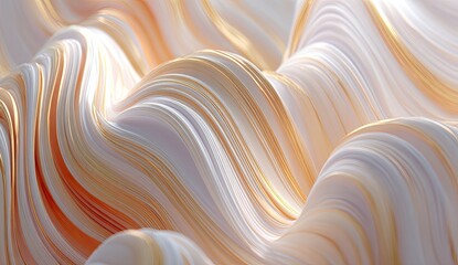 Close-up abstract of flowing, rippling, striped forms with gold accents and creamy hues