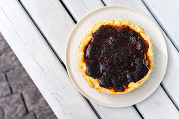 Basque cheesecake with a toasted top overhead view