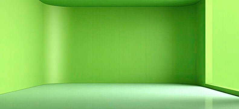Light reflects within a solid green corner room, rounded walls and a glossy floor