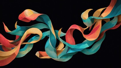 Vivid, abstract ribbons in turquoise, orange, and yellow swirl against a black backdrop