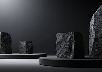 Dark stones atop circular platforms against a gradient gray background