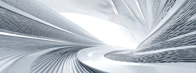 Abstract tunnel of white curving lines converging towards a bright light