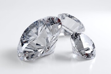 Three cut diamonds, sparkling faceted gems on a white surface, close-up