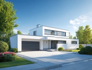 Modern white two-story house with flat roof and integrated garage, sunny day