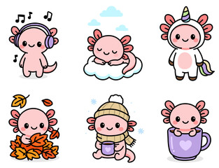 Cute Kawaii Axolotl Character Set Featuring Pink Salamander in Headphones, Sleeping on Cloud, Unicorn Costume, Autumn Leaves, Winter Outfit, and Coffee Mug for Nursery Stickers and DIY Decor