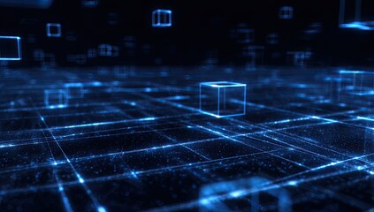 Digital landscape with glowing blue lines and floating transparent cubes
