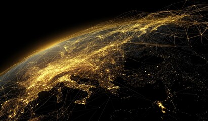 Glowing Earth visualization with light networks showing global connectivity