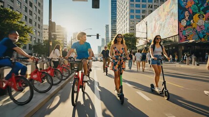 People enjoying urban transport on a sunny day in the city center.