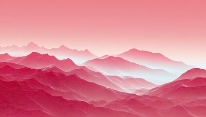 A vibrant, gradient-hued mountain range, shrouded in mist, suggesting a soft, ethereal scene