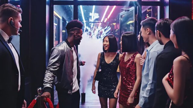 People entering a nightclub with a bouncer checking their IDs and welcoming them.