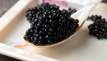 Luxurious caviar, presented on a spoon and tray, close-up shot