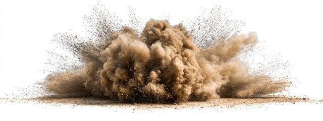 Massive cloud of dust and debris exploding outward on white background