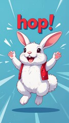 Cheerful bunny jumps in joy, with the word "hop" above